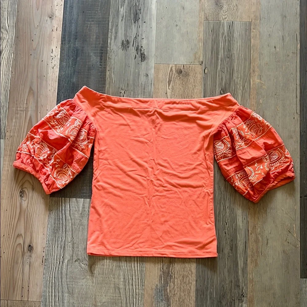 Free People Women's Embroidered Puff Sleeve Top in Orange Size: Small (S)